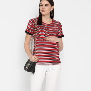 Red and white striped short-sleeve t-shirt with stylish black lace trim
