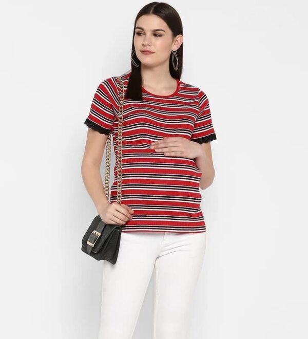 Red and white striped short-sleeve t-shirt with stylish black lace trim