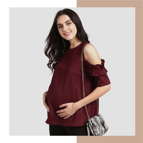 Maroon Shimmer Cold-Shoulder Top with Ruffle Sleeve